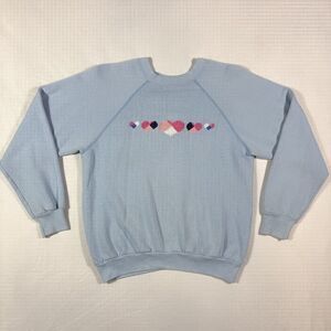 Tultex Vintage Heart Pattern Crewneck Sweatshirt Light Blue Cotton‎ Medium